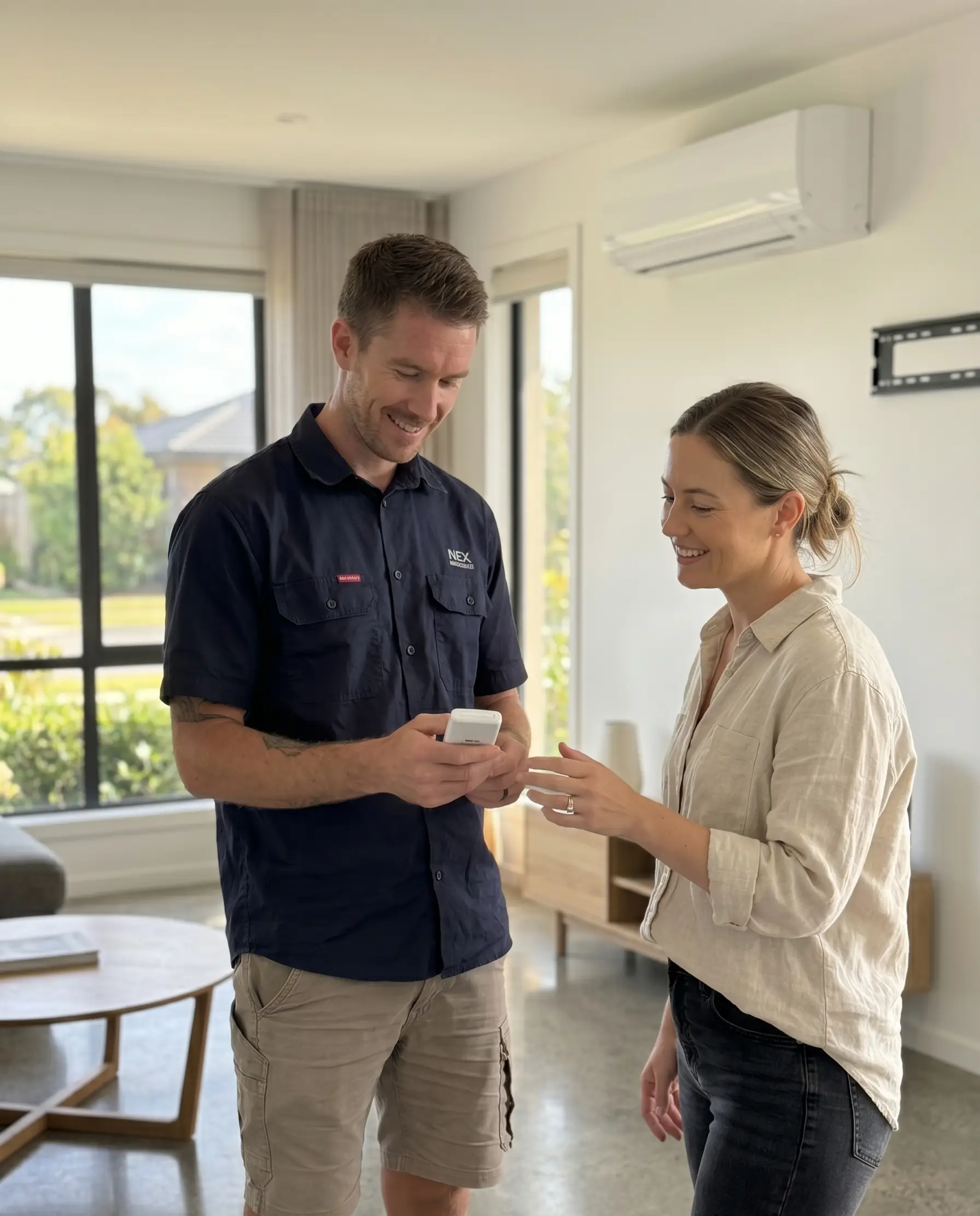 James from INEX Electrical, wearing his navy blue uniform, smiles as he looks at a white air conditioning remote control. He is standing in a modern living room, demonstrating the remote to a smiling female homeowner. A newly installed split-system air conditioning unit is visible mounted on the wall in the background.