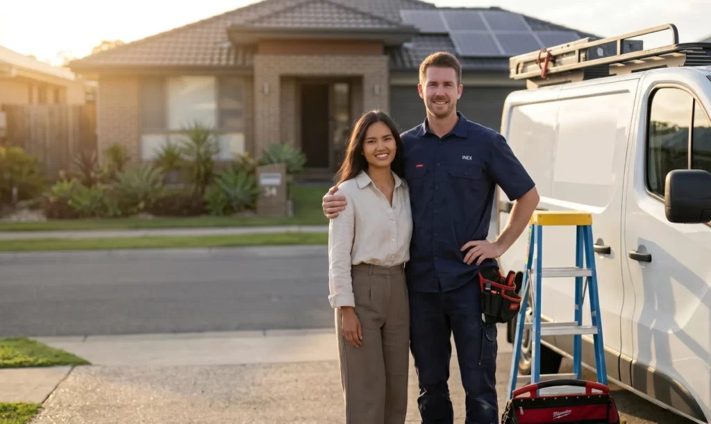 A full-body photograph of a smiling couple, James (an electrician) and his wife Melanie (the owner of INEX Electrical), standing proudly together on a quiet residential street. They are positioned centrally, with James' right arm around Melanie. James wears a blue short-sleeved INEX Electrical uniform shirt with a visible logo, a tool belt with various pouches, and dark work pants. Melanie wears an olive-green button-up shirt and light tan trousers. To their right, next to a blue aluminum stepladder, sits a red and black tool bag. On the far right is their white commercial work van with a roof rack holding multiple ladders, and a large 'INEX Electrical' logo is partially visible on the side of the van. The setting is a suburban street on the Gold Coast at sunset. The background features modern-style houses and lush green trees. A beautiful golden-hour sun is setting over the tree line, casting a warm, soft glow across the entire scene and creating a distinct sunburst on the left.