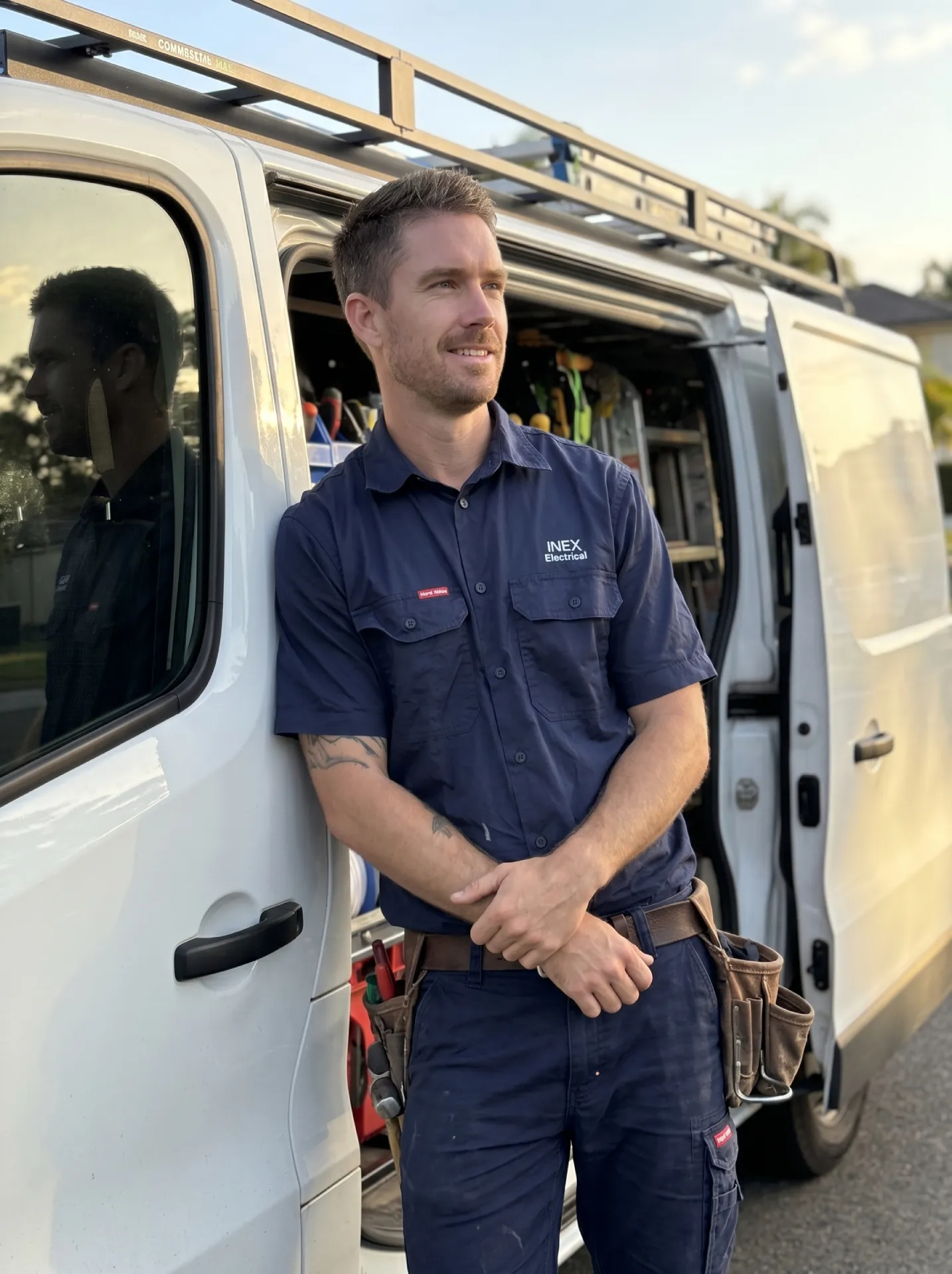 James, an electrician and owner of INEX Electrical on the Gold Coast, leaning comfortably against his open white work van at the end of a workday. He is wearing a navy blue INEX Electrical work shirt, dark pants, and a leather tool belt. The van's sliding door is open, displaying an organized interior with tools and a ladder. The scene is lit by warm, golden hour sunlight as James looks thoughtfully into the distance with a relaxed, satisfied expression.