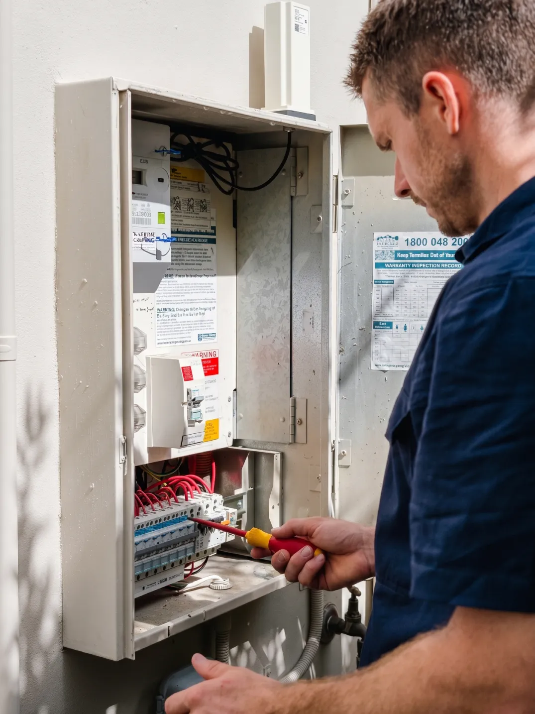James from INEX Electrical, a local Gold Coast electrician, kneeling outdoors to professionally test a residential switchboard using a digital multimeter on a brick wall.