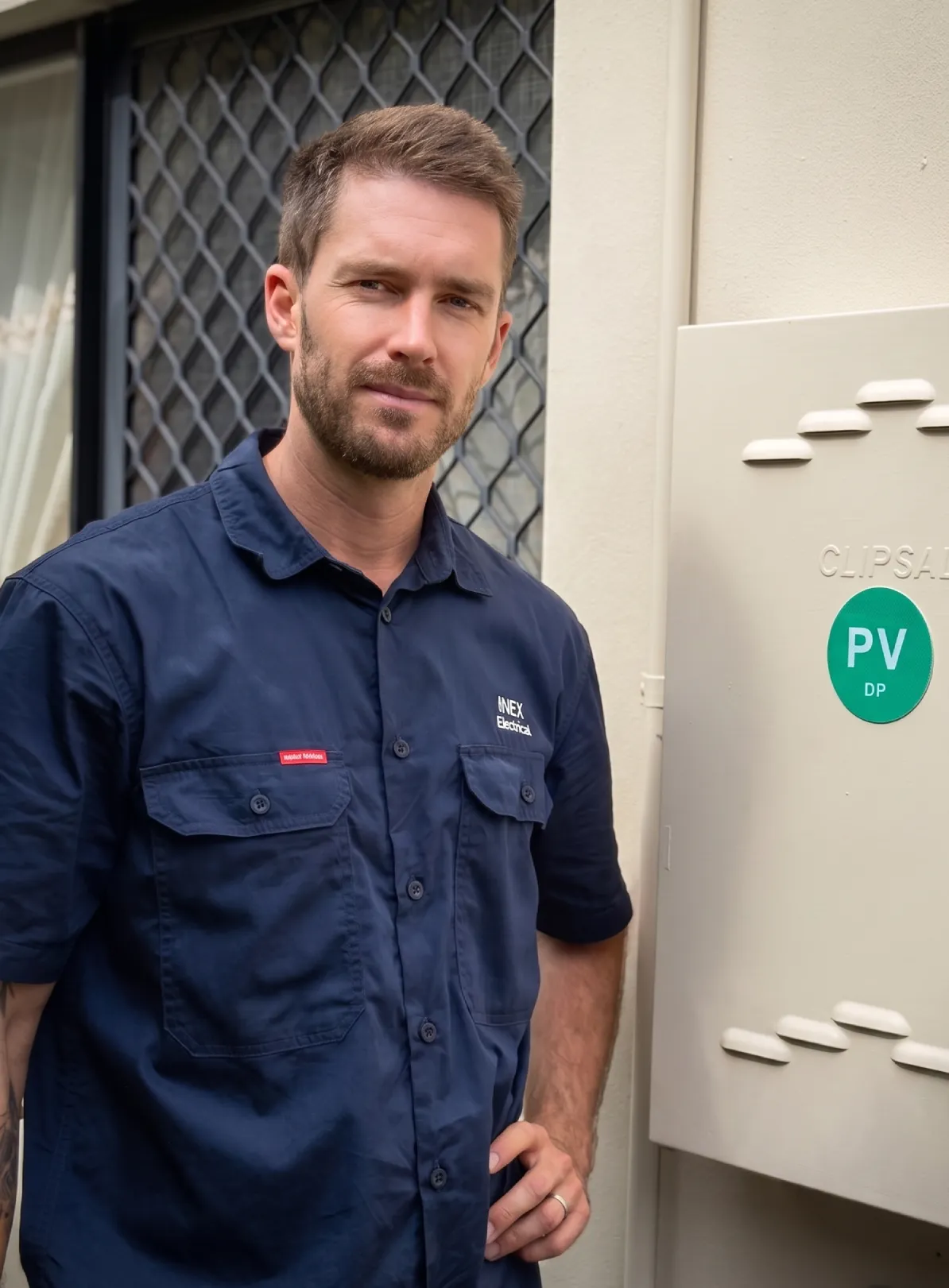 James from INEX Electrical, a local Gold Coast electrician, kneeling outdoors to professionally test a residential switchboard using a digital multimeter on a brick wall.