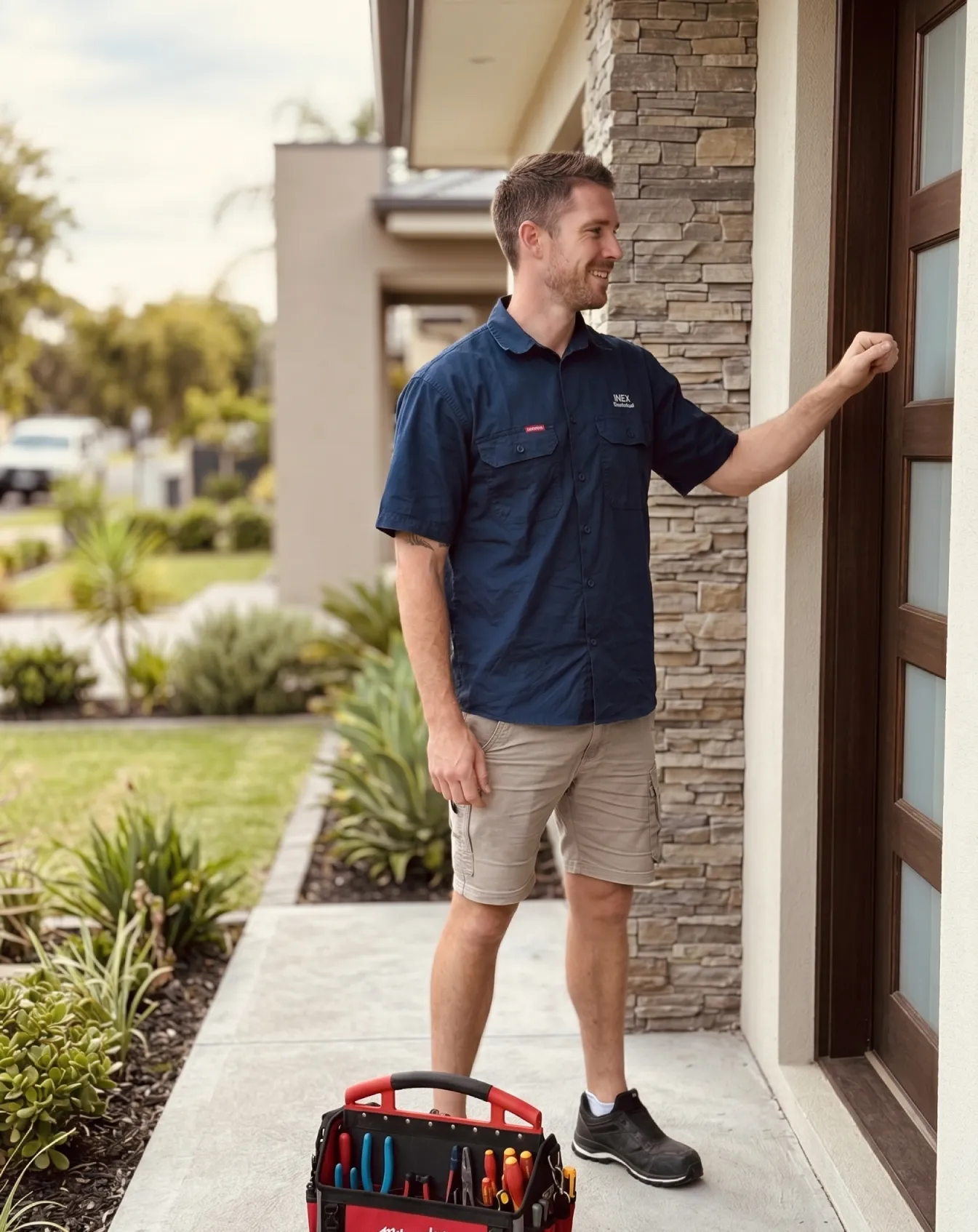 A photorealistic portrait of James, owner of INEX Electrical, standing at the front door of a modern suburban home on the Gold Coast. He is a male in his mid-30s wearing a navy blue short-sleeved work shirt and beige shorts. He has a friendly, professional smile and is mid-knock with his right hand gently raised to the glass-paneled wooden door. A red and black Milwaukee tool bag rests on the concrete path at his feet. The background features soft natural daylight and a neat front garden with blurred suburban houses in the distance, keeping James in sharp focus.