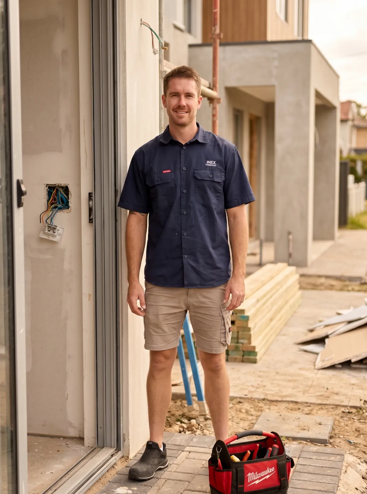 James, the owner of INEX Electrical, standing and smiling confidently in the doorway of a modern Gold Coast home under renovation. He is wearing a short-sleeved navy blue work shirt and khaki shorts. A red tool bag sits at his feet on a paved path, with exposed electrical wiring and construction materials visible in the background.