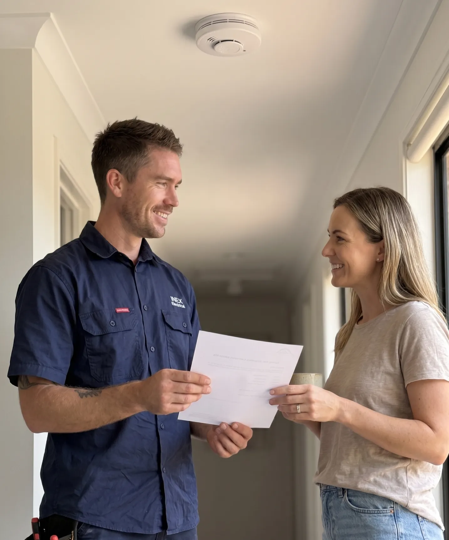 James from INEX Electrical handing a compliance document for smoke alarms to a client at the Gold Coast