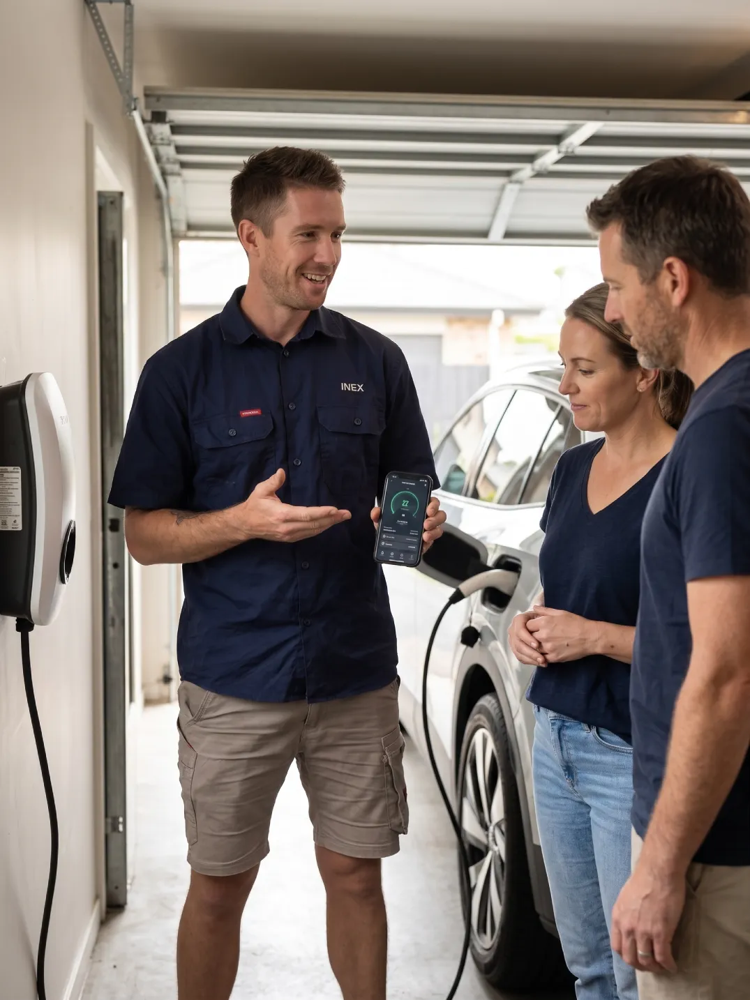 Gold Coast electrician James from INEX Electrical explaining a newly installed EV wall charger smartphone app to homeowners in their residential garage.