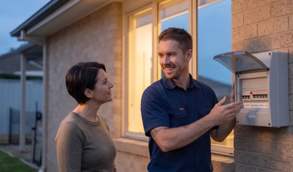 James from INEX Electrical discussing a home switchboard inspection with a customer on the Gold Coast.