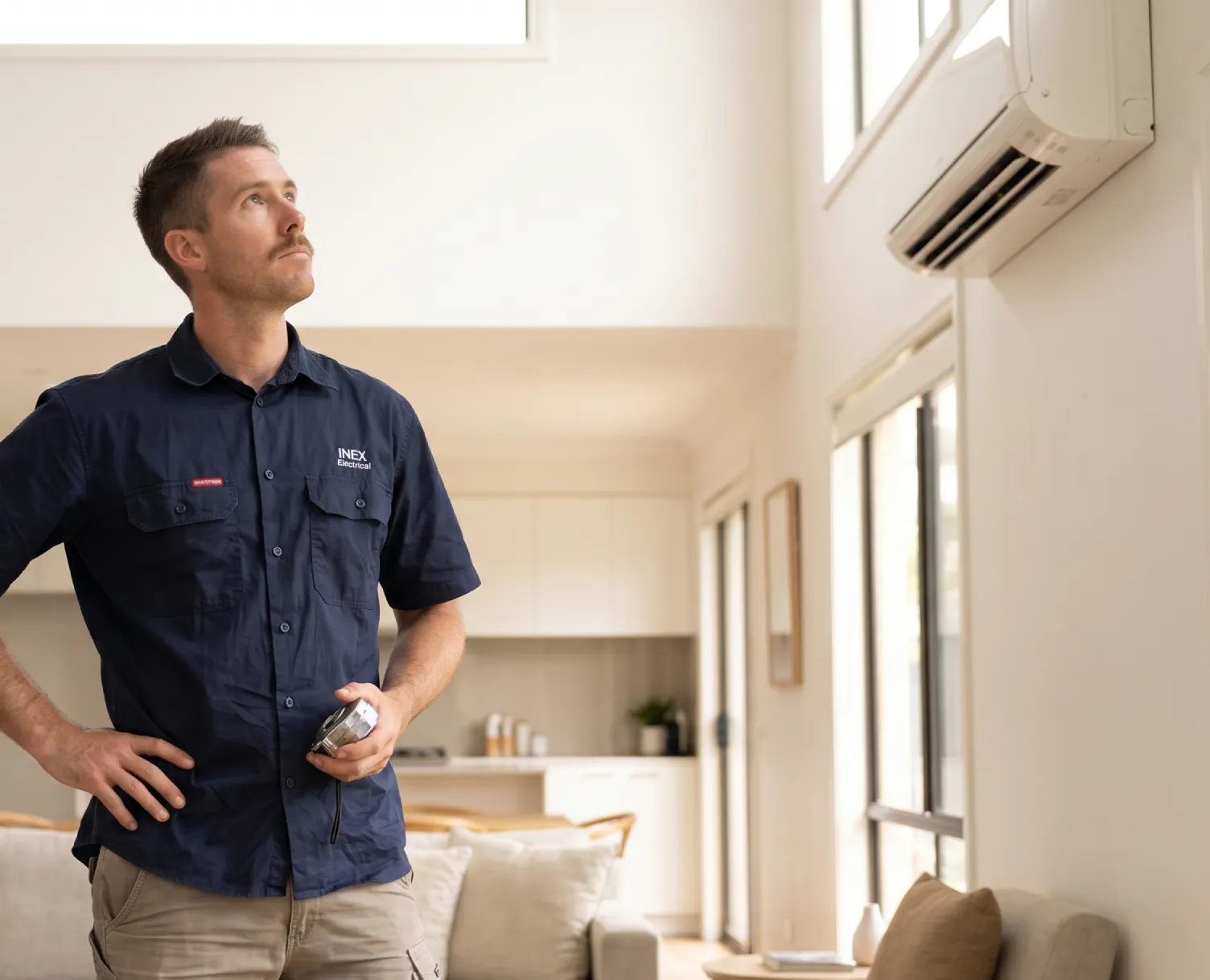 James, an electrician from INEX Electrical based in the Gold Coast, standing in a modern living room looking up thoughtfully at a wall-mounted split system air conditioner. He is holding a tape measure and assessing the room for an installation.