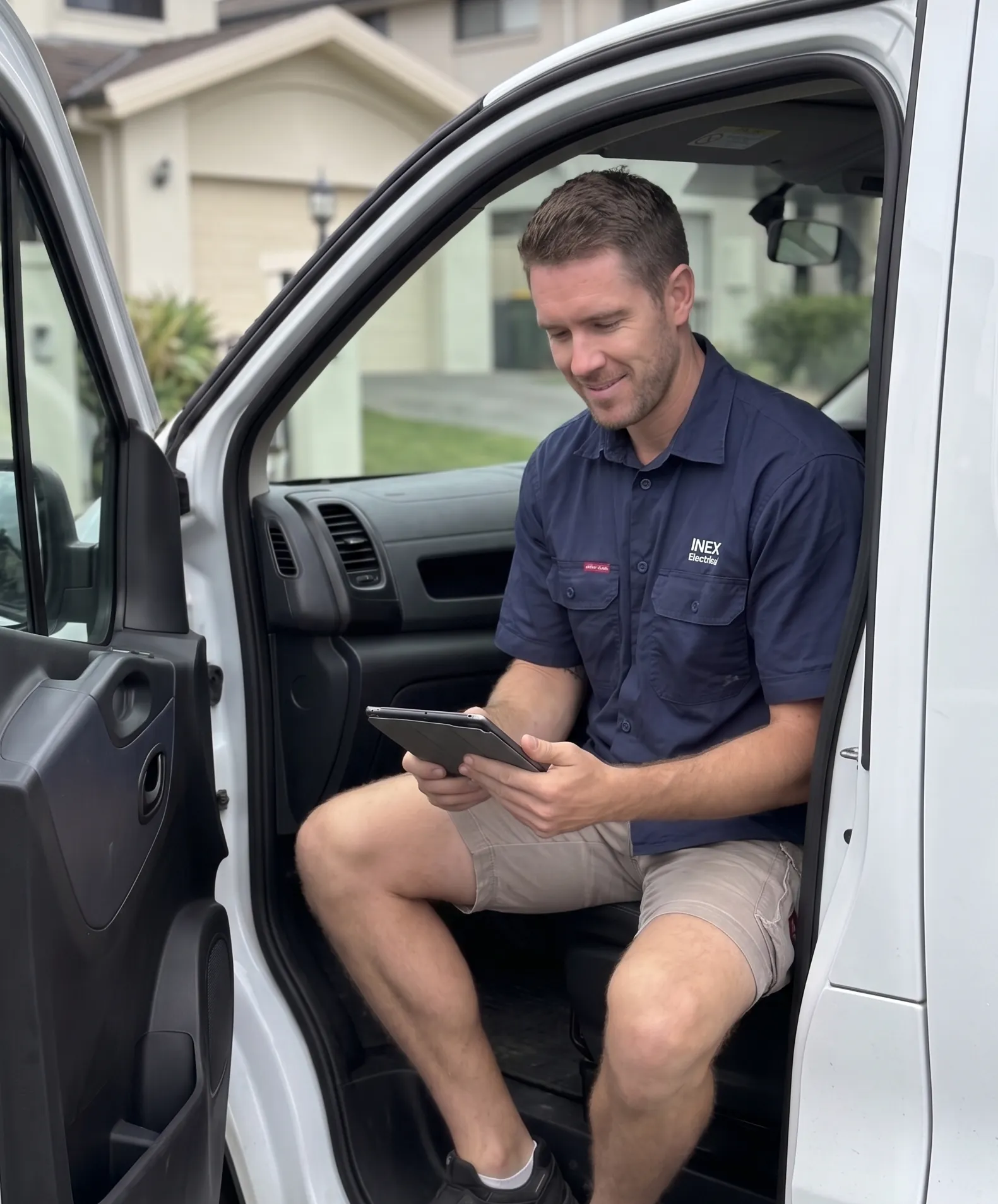 A candid photograph of James Scutt in a navy work shirt with an 'INEX Electrical' logo, sitting in the open driver's side doorway of a white service van. He is smiling while looking down at a tablet he is holding. The background shows a residential street with houses on the Gold Coast.