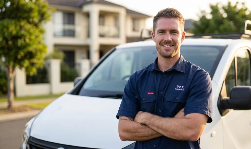 James Scutt, a licensed Gold Coast electrician, standing confidently in front of his INEX Electrical work van in a sunny Queensland suburb.